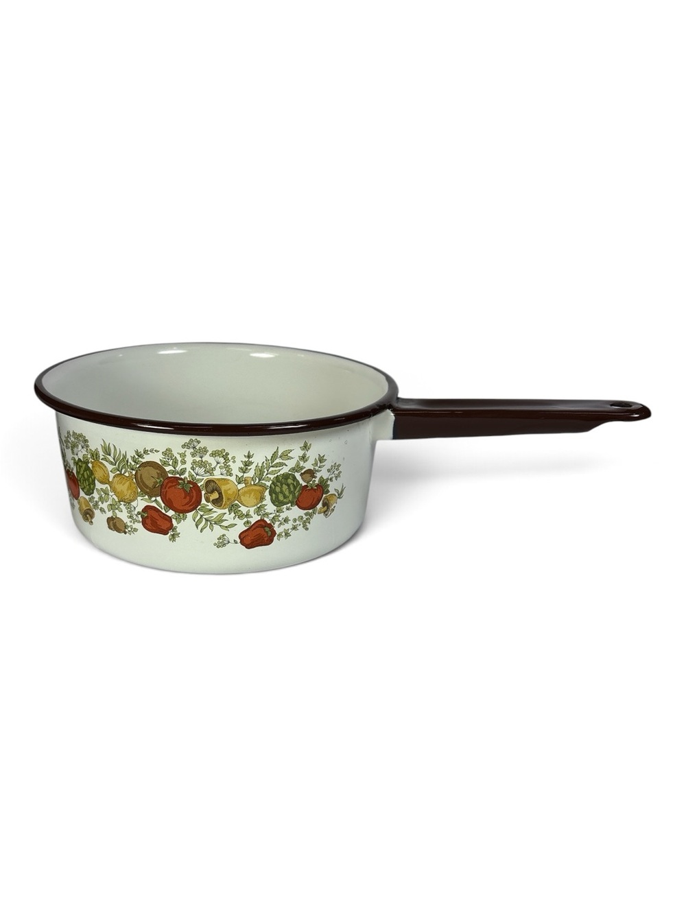 Vtg Enamelware 2 Quart Sauce Pan Corning Ware Spice of Life or Harvest Pattern